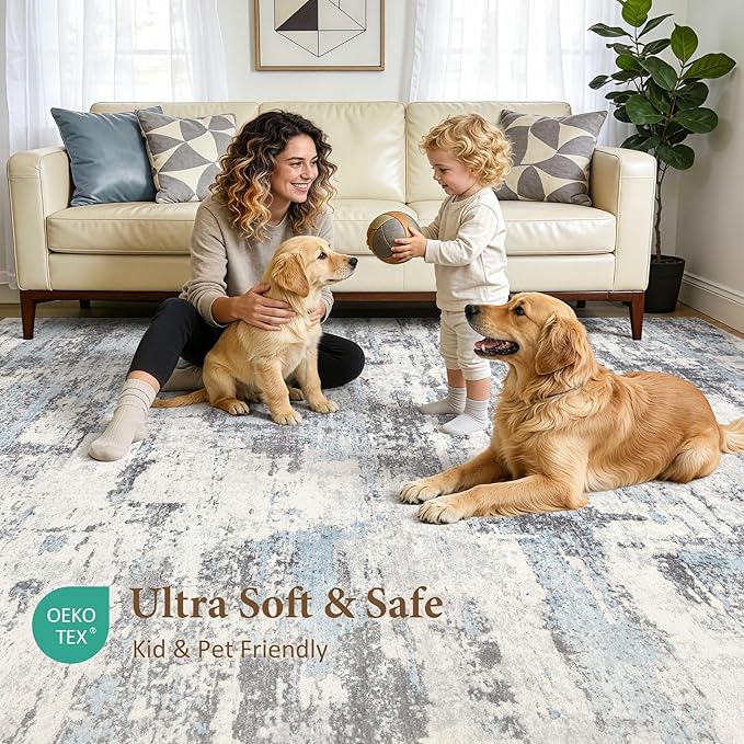 Area Rugs 9x12 Living Room: Washable Large Abstract Modern Neutral Soft Rug Stain Resistant Non-Slip Backing Carpet for Bedroom Dining Room Indoor Nursery Dorm Home Office Decor - Blue Grey