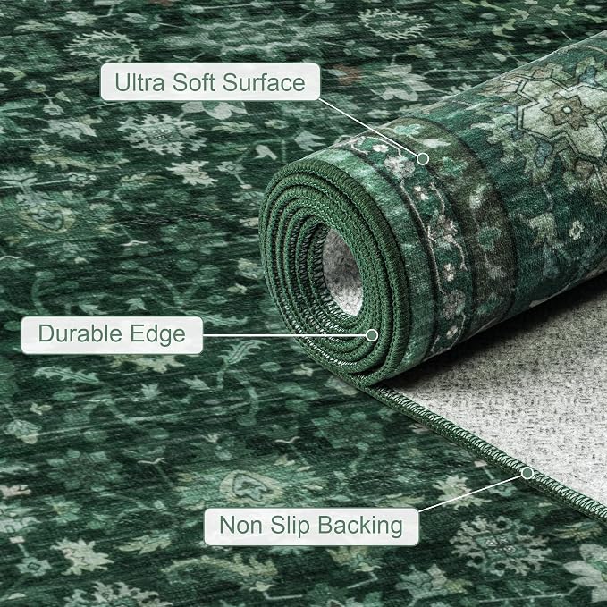 Area Rugs 9x12 Living Room Rug: Washable Rug Soft Vintage Distressed Floral Carpet Indoor Non-Slip Stain Resistant Large Carpets for Bedroom Dining Room Farmhouse Nursery Home Office Deep Green