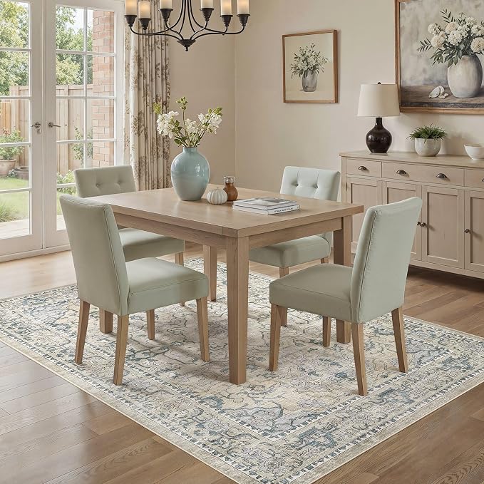 cotiled 7x9 Area Rug Machine Washable Vintage Carpet for Living Room Bedroom Soft Non-Slip Backing Floor Mat Kid & Pet Friendly Stain Resistant Green