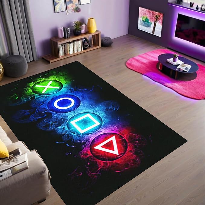 Games Area Rugs, Gamer Rug for Boy Cool Player Room Decor, Gaming Carpets for Boys Teens, Child Play Soft Floor Mat for Dining Living Room Sofa, Video Game Decor Decorate Doormats Black