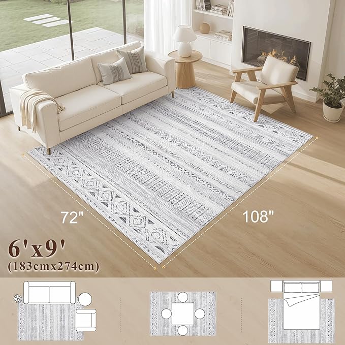 cotiled 6x9 Area Rugs Living Room Rug: Washable Boho Rugs with Non Slip Backing Large Soft Indoor Stain Resistant Carpet for Bedroom Farmhouse Dining Room Lightweight Home Decor Dark Grey