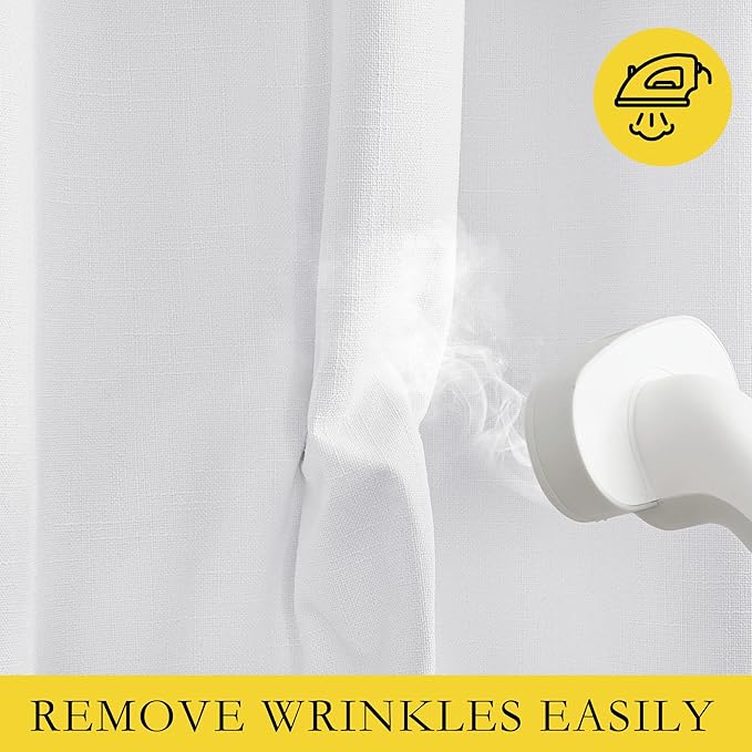 NICETOWN 100% Absolutely Blackout Linen Curtains with Thermal Insulated White Liner, White, 52 inches Wide, 45 inches Length Energy Saving Curtains for Cafe 2 Panels Set, Vertical Blinds