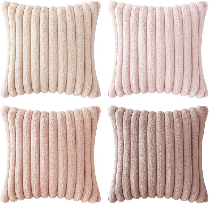 MIULEE Faux Fur Plush Decorative Throw Pillow Covers 20x20 Set of 4, Valentine's Day Cute Modern Soft Romantic Fuzzy Striped Cushion Covers Girl for Sofa Couch Bed Living Room Cozy Home Decor,Pink