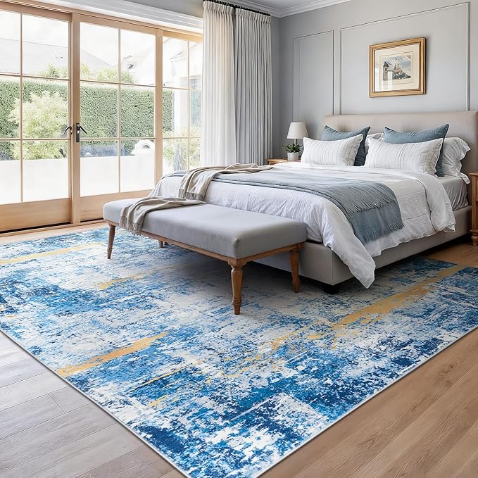 Rugflix 8x10 Area Rugs for Living Room, Washable Large Rug Stain-Resistant Low Pile, Modern Carpet for Dining Room Home Office Kid Room Nursery Bedroom, Blue Gold