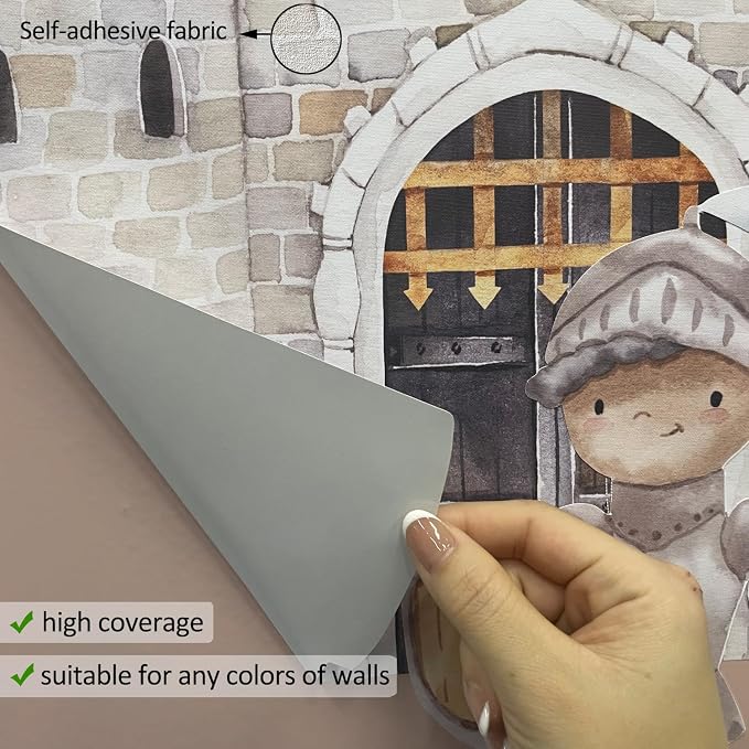 Large Watercolor Wall Decals Peel and Stick, Self Adhesive Vintage Wall Stickers for Kids Bedroom Playroom Nursery Room Wall Art Decor Decal, Knight Assembled Castle Wall Mural
