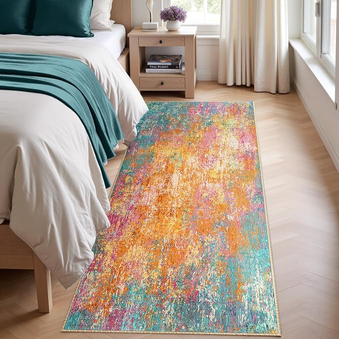 RELEANY Washable Area Rugs 2'x8' Non-Slip Modern Abstract Soft for Living Room Entryway Bedroom Kitchen, Print Pattern, Orange Blue Pink Yellow Colorful