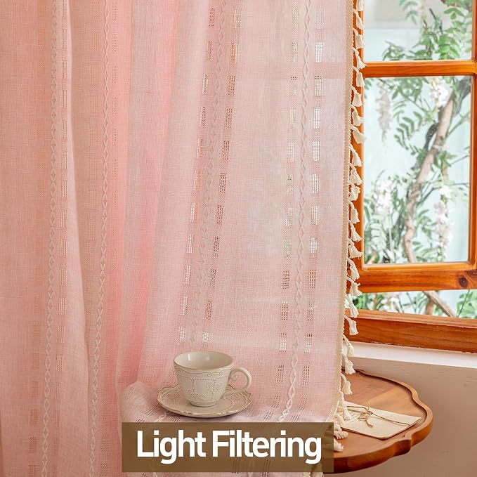 Pink Boho Semi Sheer Curtains 63 inch Length 2 Panel Set for Bedroom & Farmhouse, Bohemian Light Filtering Privacy Drapes Beige Tassels Shabby Chic Embroidery Window Curtains Back Tab & Rod pocket