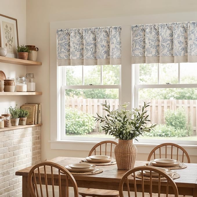 jinchan Linen Valance Curtain Farmhouse Floral Printed Small Window Curtain for Kitchen Rustic Country Light Filtering Valance for Living Room Bedroom Bathroom 18 Inch Rod Pocket 1 Panel Blue on Beige