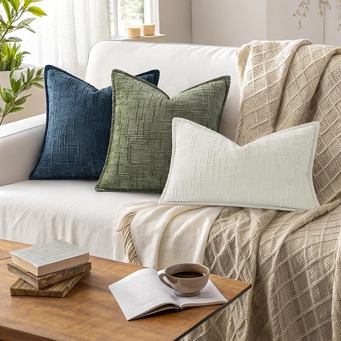 decorUhome Chenille Throw Pillow Covers 20X20 Set of 2, Soft Textured Slubby Modern Decorative Pillow Covers with Elegant Design for Couch, Sofa, Living Room, Olive Green