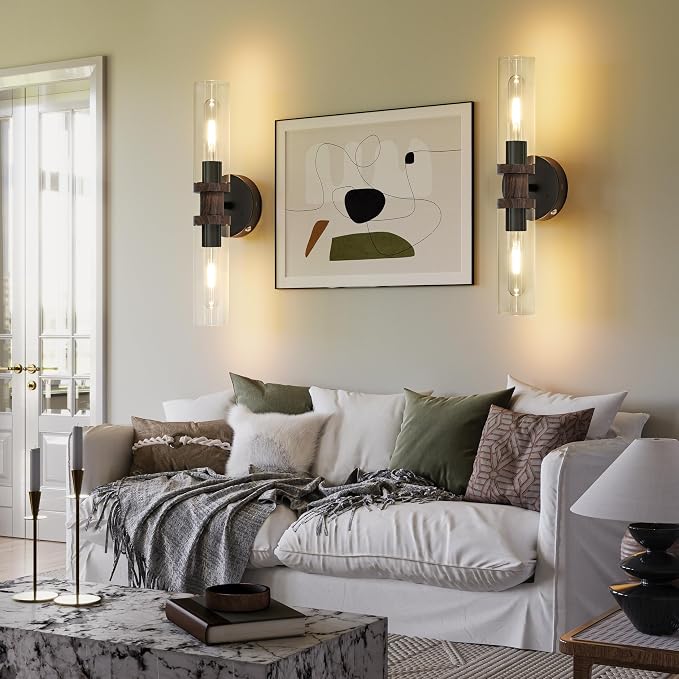 Rayogale Black & Walnut Wireless Battery Operated Wall Sconce with Remote | Dimmable Rechargeable Wall Lights Set of 2, Timer, No Hardwire, Touch Control, 8000mAh, 3000K, Glass, Emergency, 16.5 Inch