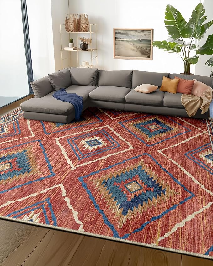 BESTSWEETIE Area Rug 10x14 Rug Machine Washable Non-Slip Low Pile Print Pattern Western Rug for Living Room Bedroom Entryway Tribal Series -Red/Orange