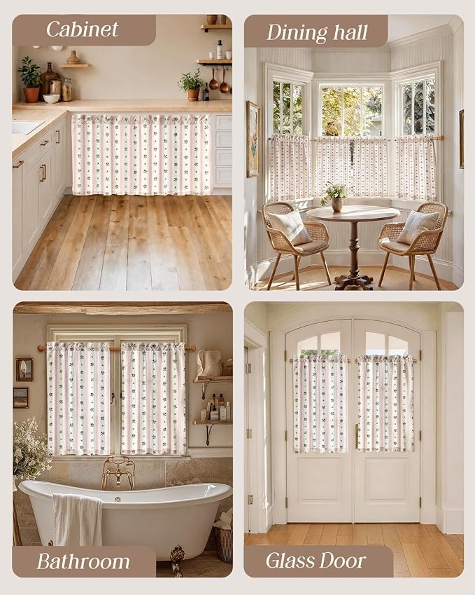 Miss Adola Farmhouse Kitchen Tier Curtains - 36 Inch Length Linen Blend Boho Floral Cafe Curtains Stripe Small Window Treatments Over Sink Rod Pocket for Bathroom Living Room Light Filtering, 2 Panels