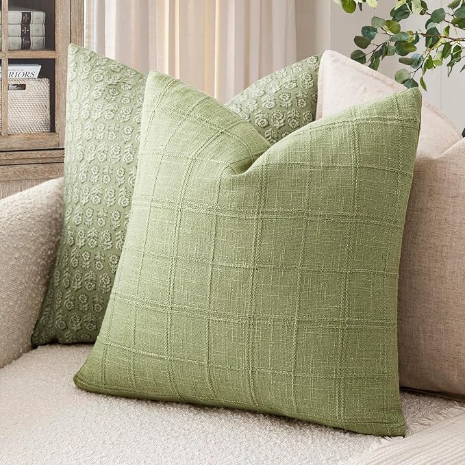 Foindtower Set of 2 Decorative Linen Check Throw Pillow Covers Neutral Farmhouse Vintage Cushion Covers Modern Boho Accent Home Decor for Sofa Chair Couch Bedroom Living Room,22×22 Inch,Light Green