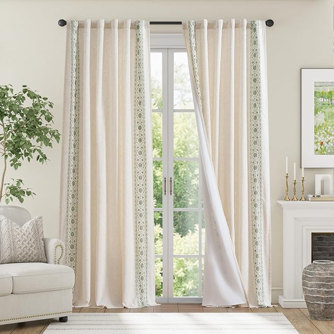 jinchan Weslie Boho Lined Linen Curtains for Living Room Sage Green Vintage Floral Farmhouse Curtains 108 Inches Long Linen Drapes for Bedroom Embroidered Extra Long Drapes Sage 2 Panels