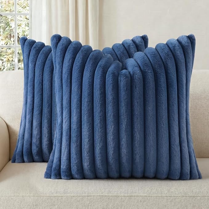 Pallene Faux Fur Plush Throw Pillow Covers 24x24 Set of 2, Luxury Soft Fluffy Striped Decorative Pillow Covers for Sofa, Couch, Living Room, Navy Blue