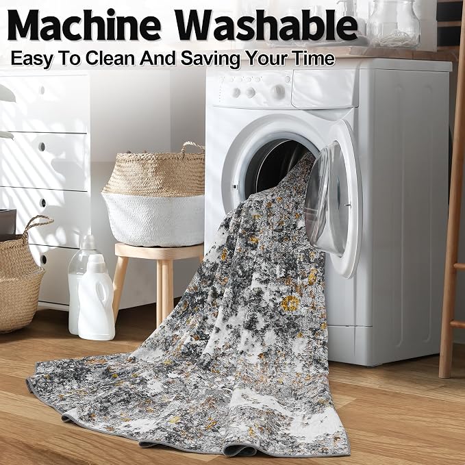 Area Rug 9x12 Living Room: Large Washable Rug with Anti-Slip Backing Non-Shedding Stain-Resistant Soft Abstract Carpet for Bedroom Dining Room Nursery Home Office (Gray/Multi)