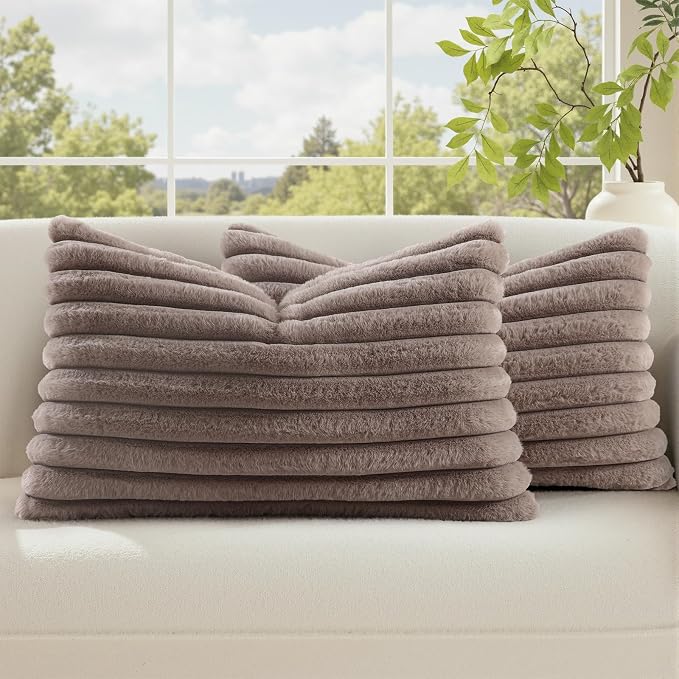 decorUhome Fall Cozy Faux Fur Throw Pillow Covers 12x20 Set of 2 Decorative Soft Plush Striped Lumbar Modern Farmhouse Boho Couch Pillow Cases with Velvet Back for Sofa Bed Living Room, Light Coffee