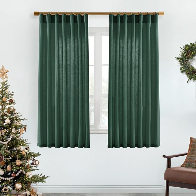 XTMYI Dark Green Curtains for Bathroom Set Decor,Linen Sheer Leaf Green Boho Curtains for Kitchen 63 Inch Length 2 Panels,Deep Pine
