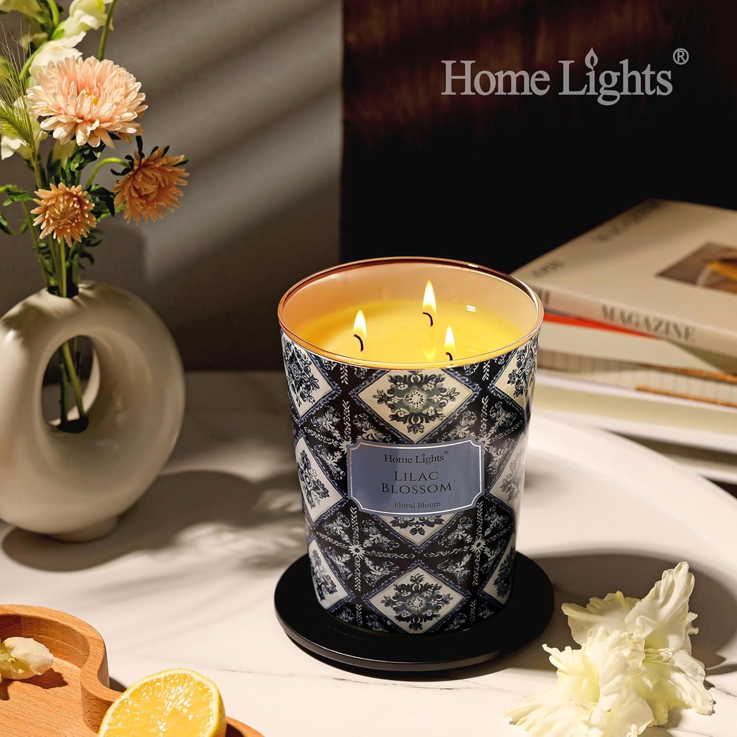 HomeLights Lilac Blossom Scented Candles | 34oz Soy Candles Bohemian Natural Textures 3-Wick Large Candle Jars | Ideal Candle Gifts for Events, Home Decor Stress, Relief & Relaxation