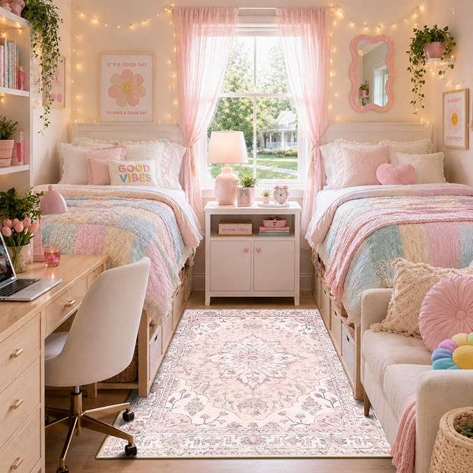 RELEANY Area Rugs 4'x6' Washable Non-Slip, Floral Vintage Distress Medallion Carpet for Living Room Bedroom Dining Room, Pink Greypink Cute