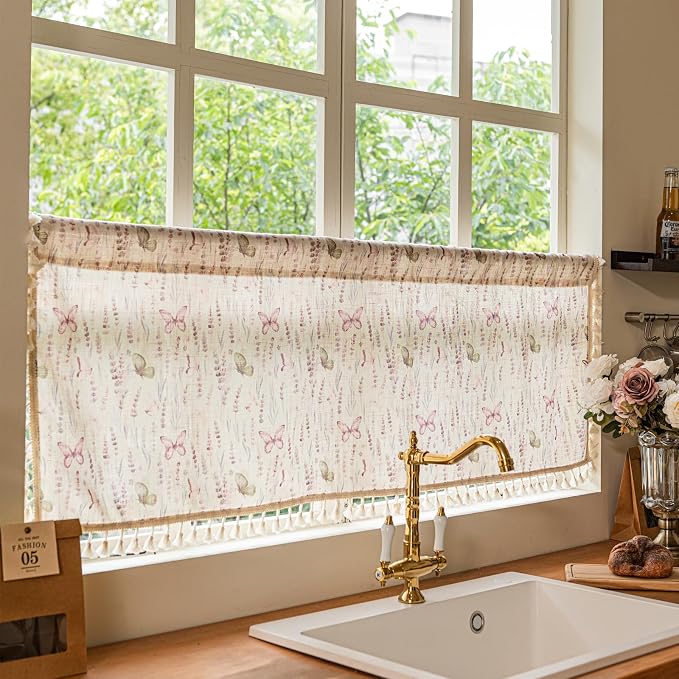 Deeprove Kitchen Curtain Valance Short for Window Bedroom Bathroom Garden Cafe Sink Closet Nursery Room, Lavender Purple Flower Butterfly Print Vintage Spring Summer Country, 1 Panel 52" W x 18" L