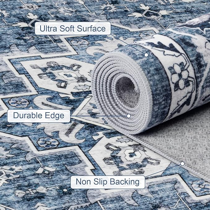 Round Area Rug for Living Room: 4 ft Washable Vintage Boho Soft Thin Circle Rug Indoor Floor No Slip Stain Resistant Carpet for Bedroom Dining Room Farmhouse Nursery Home Office - Blue