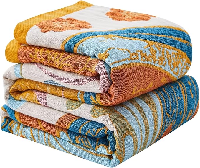 Boho Blanket Soft Muslin BohoThrow Blanket, 100% Cotton Floral Printed Farmhouse Decor All Season Reversible Rustic Throw for Sofa Couch Chair (60"x80")