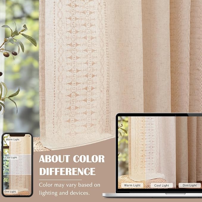 jinchan Boho Curtains for Bedroom Linen Blend Embroidered Bordered Farmhouse Curtains Living Room Drapes 63 Inch Length Bohemian Light Filtering Grommet Window Drapes 2 Panels Ivory on Beige