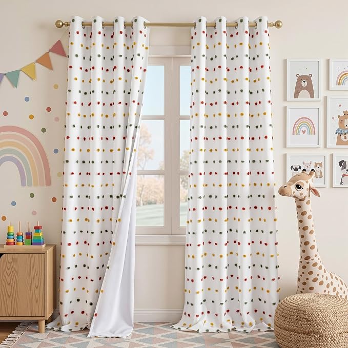 MEETSKY Colorful Pom Pom 100% Blackout Curtains for Girls Bedroom 95 Inch Long 100% Light Blocking Curtains for Living Room 2 Panels Room Darkening Grommet Double Layer Drapes 52W x 95L