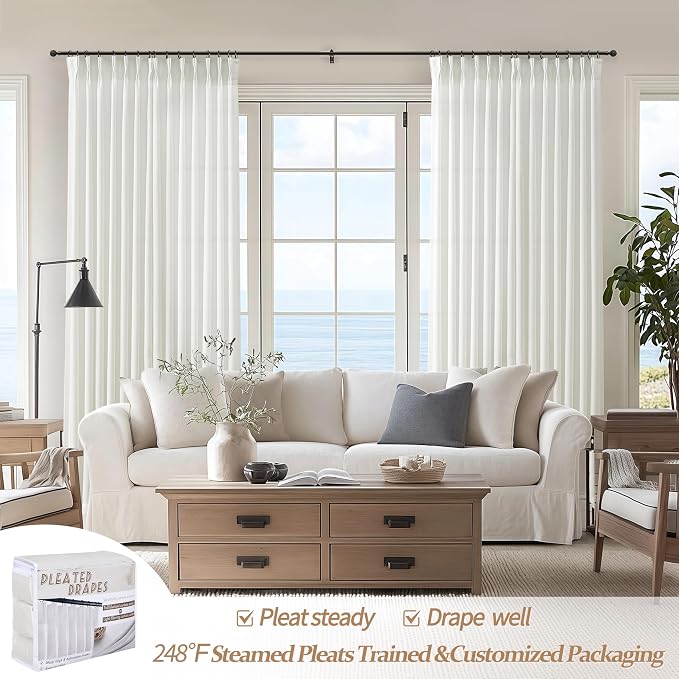 Pinch Pleated Solid White Sheer Curtains 96 Inches Long for Living Room 2 Panels Set, Neutral Thick Linen Viral Curtain Light Filtering Privacy Dining Room Floor to Ceiling Window Drapes 8 FT 2 Burg