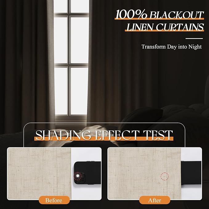 Jowels Beige Linen Blackout Curtains 96 Length 2 Panels Set for Living Room Bedroom, 100% Black Out Thermal Insulated Linen Drapes, Room Darkening Grommet Curtains 96 Inches Long