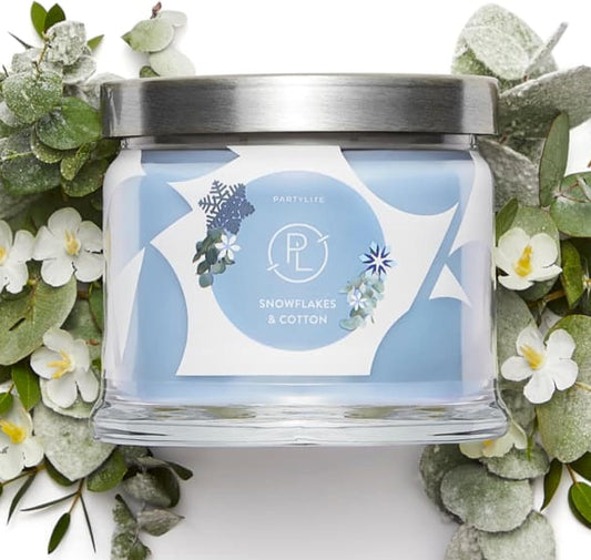 PartyLite 3-Wick Jar Candle, Highly Fragranced Clean Burning Glass Candle, 25-45 Hours Burn Time (Snowflakes & Cotton)