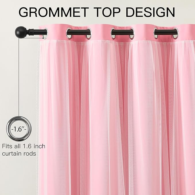 XiDi Full Blackout Pink Curtains with Sheer Overlay Double Layer Curtains for Nursery Girls Bedroom 84 Inches Long 2 Panels Kids Toddler Princess Room Decor Grommet Privacy Window Drapes W34 X L84