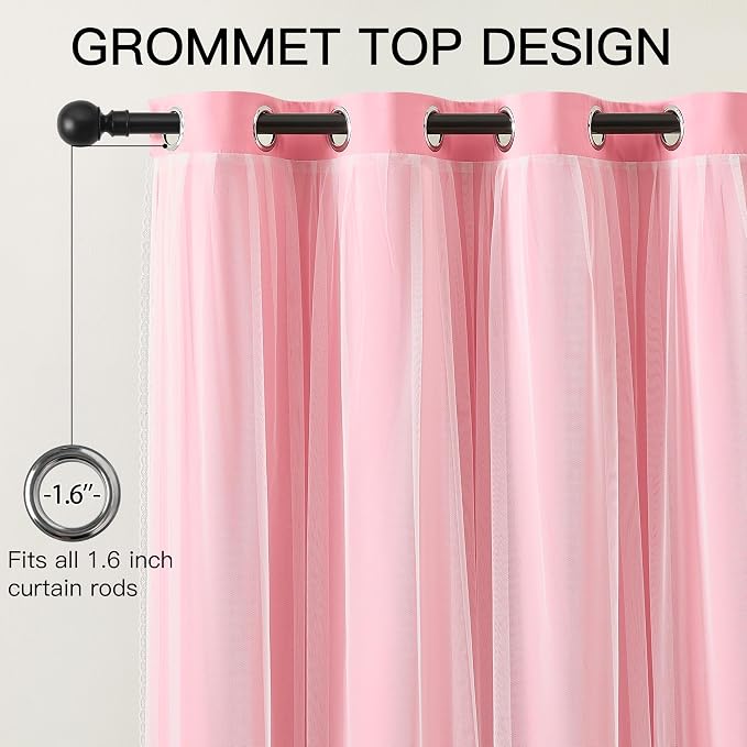 XiDi 100% Blackout Pink Girls Curtains for Bedroom 63 Inches Long 2 Panels Nursery Curtains with Sheer Overlay Kids Princess Room Decor Soundproof Light Blokc Grommet Window Drapes Pink 52W x 63L
