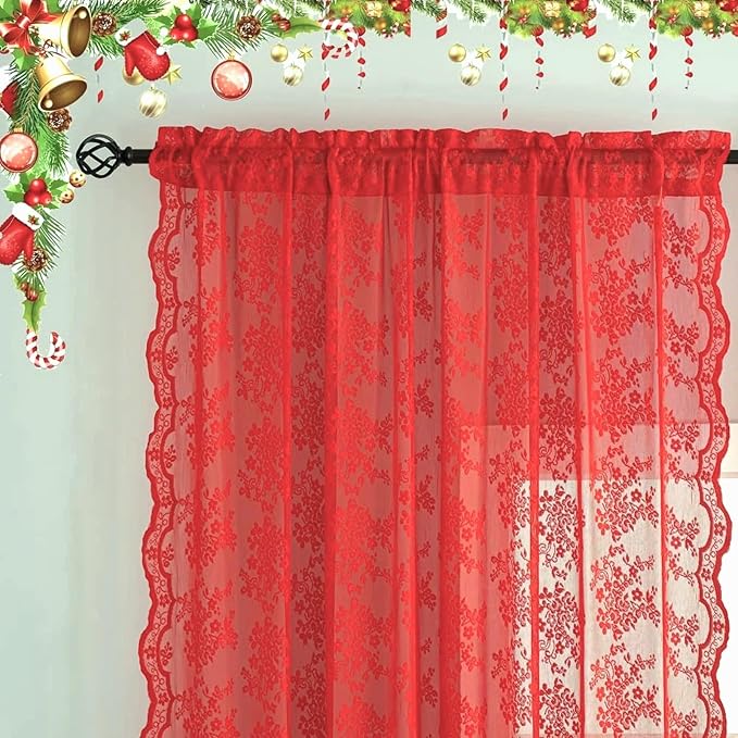 YJ YANJUN Vintage Lace Curtains 90 Inches Long 2 Panels - Retro Floral Red Christmas Sheer Curtains for Living Room Bedroom Rod Pocket Wedding Party Xmas Christmas Holiday Decor 52" W x 90" L