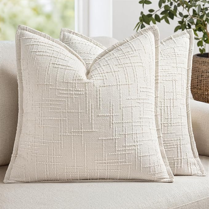 MIULEE Slubby Textured Decorative Throw Pillow Covers 22x22 Inch Set of 2 Boho Farmhouse Soft Cozy Chenille Pillows Cushion Cases Modern Neutral Home Decor for Couch Sofa Bed Living Room, Cream White