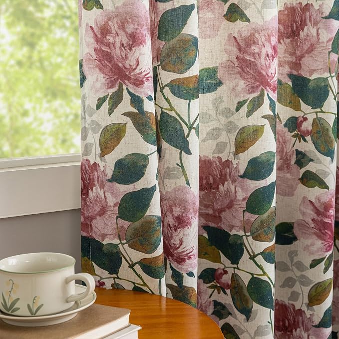 ALIGOGO Floral Linen Patio Curtain for Sliding Door, Extra Wide Curtain 100 Inch for Glass Doors, Elegant Semi-Sheer Light Filtering Farmhouse Grommet Room Divider Drape 1 Panel, W100 x L90 Inch, Pink