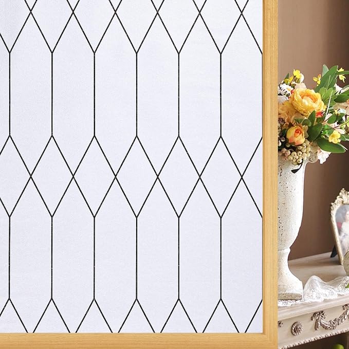 Windimiley Window Privacy Film Stained Glass Static Clings, Bathroom Frosted Leaded Decorative Window Stickers, UV Heat Blocking Opaque Removable for Home Door Coverings (17.5 x 78.7in,White)