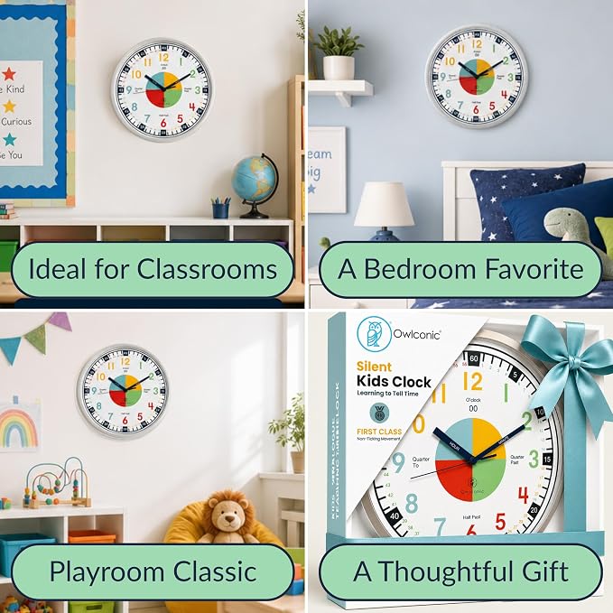 OWLCONIC Clock for Kids – Educational Analog Learning Wall Clock, Non Ticking Teaching Clock for Classroom & Homeschool, Silent Kids Bedroom Décor Multicolor