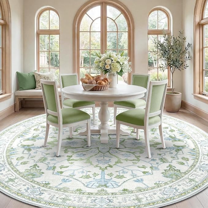 RELEANY Area Rugs Round 8ft Washable Non-Slip, Floral Vintage Distress Medallion Carpet for Living Room Bedroom Dining Room, Green White Blue