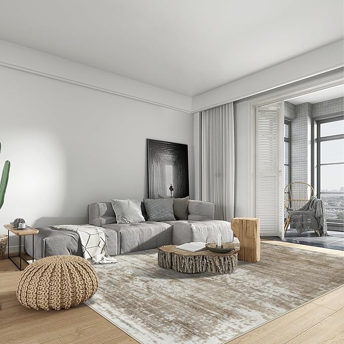 8x10 Area Rugs Washable Rug: Modern Abstract Living Room Rug Soft Anti-Skid Thin Carpet Indoor Floor Non-Shedding Carpets for Bedroom Dining Room Farmhouse Nursery Home Office Brown White