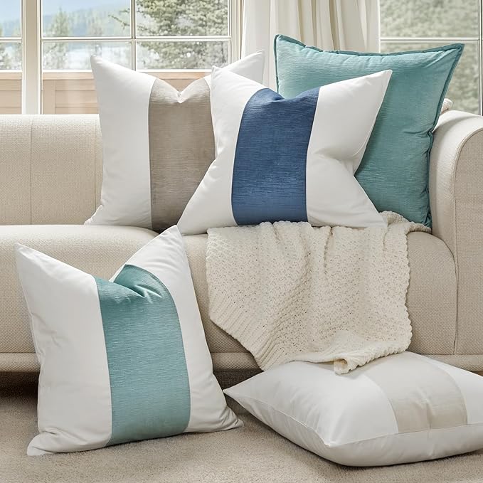 EVERGRACE x Kinsey Walsh Signature Velvet Panel Cotton Pillow Covers Set of 2, Decorative Pillow Covers 20"x20" for Couch, Square Cushion Cases for Sofa Bedroom Living Room, Blue Topaz