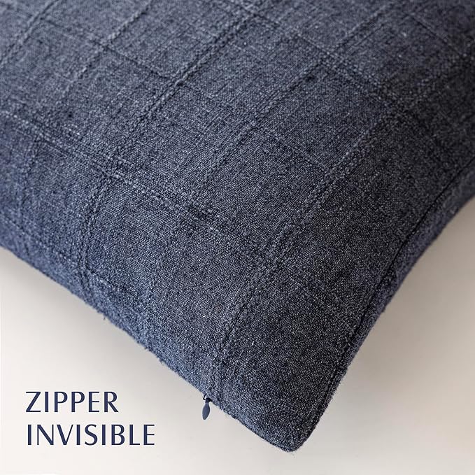 Foindtower Set of 2 Decorative Linen Check Throw Pillow Covers Neutral Farmhouse Vintage Cushion Covers Modern Boho Home Decor for Sofa Chair Couch Bedroom Living Room,20×20 Inch,Navy Blue