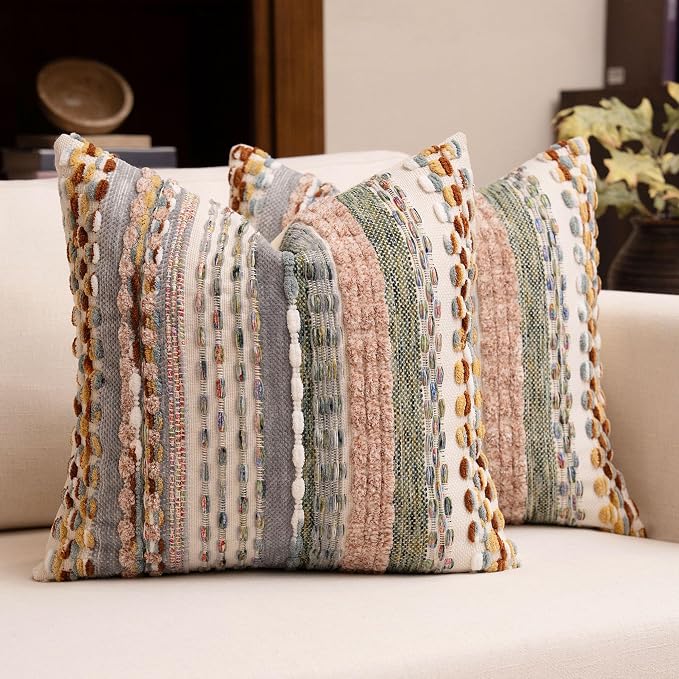 Boho Chenille Tufted Throw Pillow Covers 18x18 Inch Set of 2 Farmhouse Colorful Woven Striped Decorative Pillowcases for Couch Sofa Bed