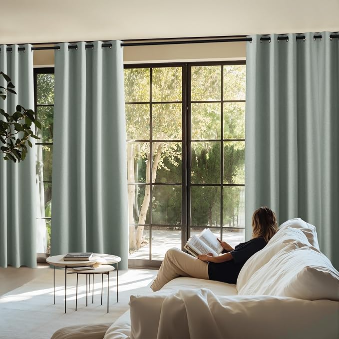 NICETOWN Full Shade Faux Linen Curtains 63 inches Long for Bedroom, Pair of Energy Smart & Noise Blocking 100% Blackout Drapes, Thermal Insulated Window Treatments for Night Shift Workers, Sage Green