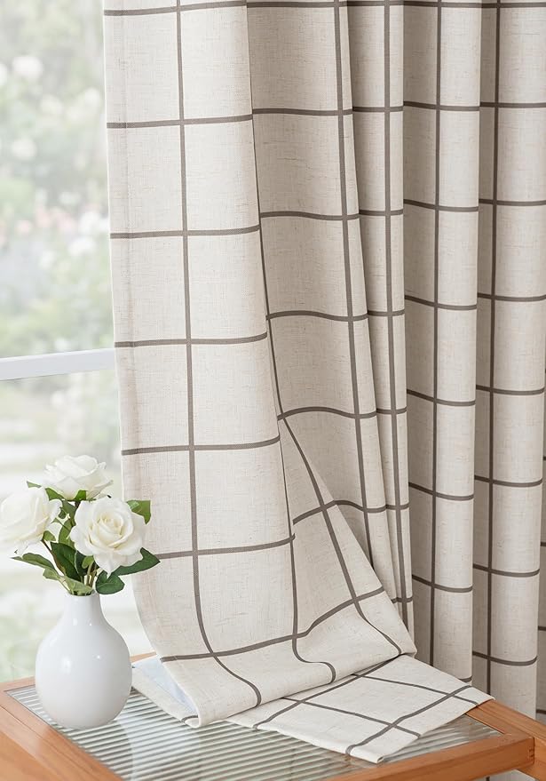 THREE GIRLS Pinch Pleated Plaid Curtains Blackout Linen Gingham Brown Curtains for Living Room,Bedroom Checkered 92 Inches Long Double Layer 2 Panels Set Luxury and Modern Printed Design Darkening