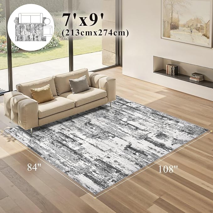 Area Rugs 7x9 Living Room: Washable Large Abstract Modern Neutral Soft Rug Stain Resistant Non-Slip Backing Carpet for Bedroom Dining Room Indoor Nursery Dorm Home Office Decor - Black Grey