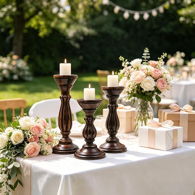 Hosley Set of 3 Dark Brown Wood Pillar Candle Holders 13 Inches 11 Inches and 9 Inches High Ideal for LED and Pillar Candles Gifts for Weddings Party Home Spa Reiki Aromatherapy