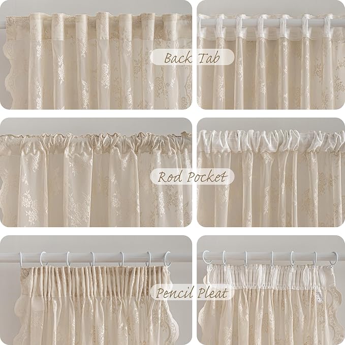 MEETSKY Beige Lace Curtains 63 Inches Length, Lace Sheer Curtains for Bed Room, Floral Vintage Light Filtering Short Curtains for Girls Room Princess Room, Lace Drapes 2 Panels, Each Panel 50W x 63L