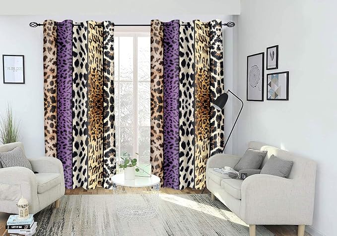 Wild Animal Print Curtain, Room Darkening Thermal Insulated Blackout Leopard Boa Window Drapes with Grommets for Living, Dining, Bedroom, Purple Leopard Print, 52"x 63", 2 Panels